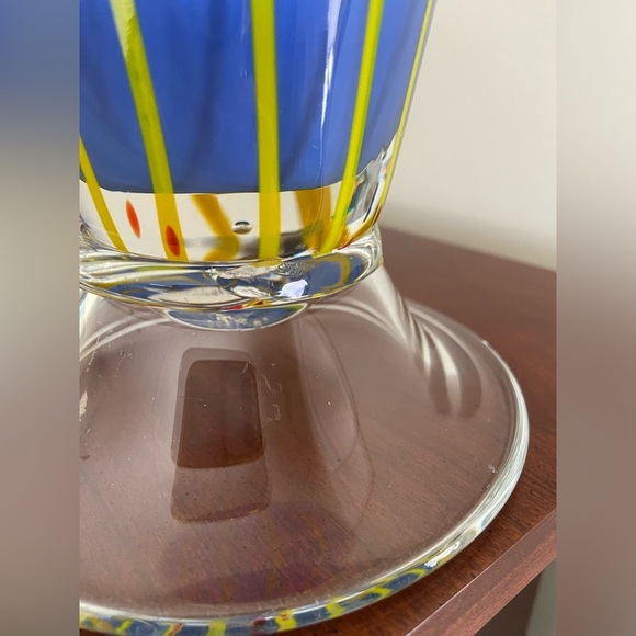 Gorgeous Cased Blue Vase w/ Yellow Pin Stripes Red Hand Blown Pontil Art Glass - Picture 8 of 12